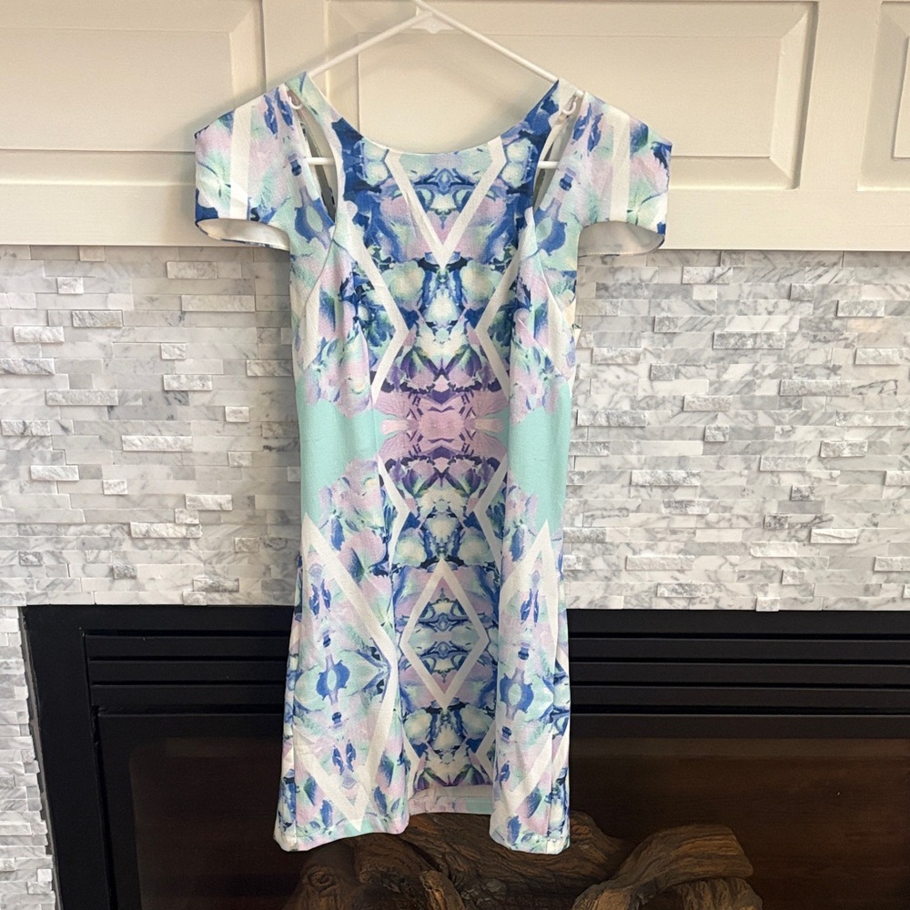 Woman’s Cap Sleeve Dress with Geometric & Floral Print in Blue and Purple
